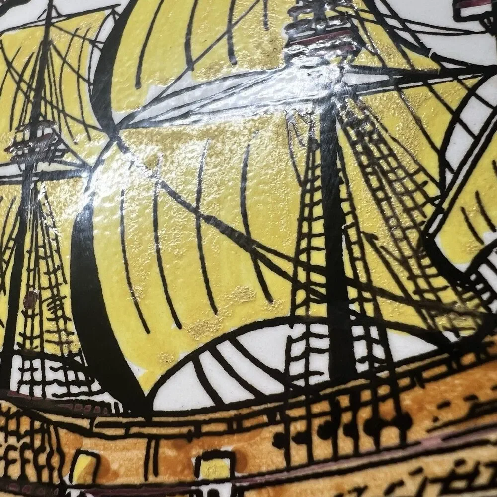 Vintage Wooden Cutting Board Cheese Tray with Hand Painted Ceramic Galleon Ship